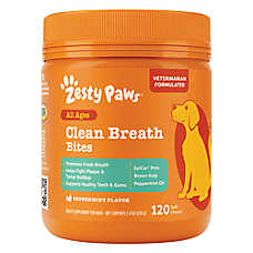 Zesty Paws Clean Breath Bites Dog Dental Supplement, Supports Healthy Teeth, Peppermint, 120 Ct