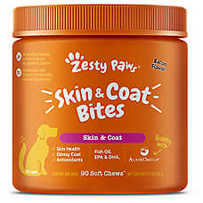 Zesty Paws Dog Skin & Coat Bites, Omega-3 Support with EPA and DHA, Bacon Flavor Soft Chews, 90 ct